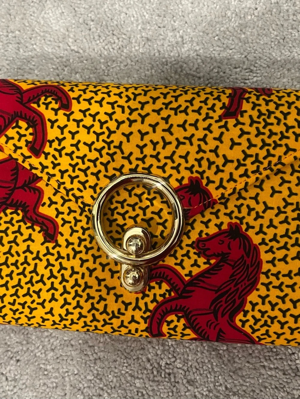 Yellow & Red Printed Envelope Clutch with Gold Ring Accent
